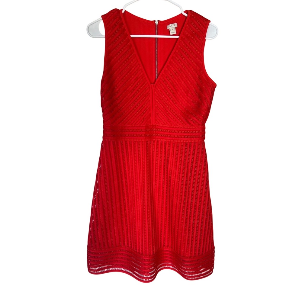 J Crew Red Geometric Eyelet Lace V-Neck Fit Flare Dress Date Night Romantic Bold